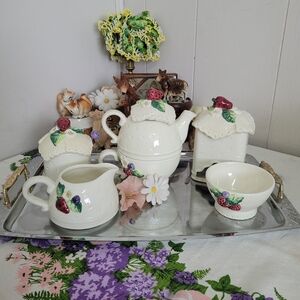 Vintage Strawberry Embellished Ceramic Tea Set Of 6 Cottage Core As Is